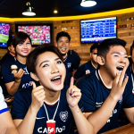 **Prompt:** A vibrant and bustling Thai FC Online community meetup at a local esports cafe. Players are enthusiastically celebrating a win, surrounded by screens displaying the game, Thai snacks, and cheering fans. The atmosphere is electric with excitement. Focus on capturing the energy and camaraderie.
