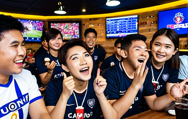 **Prompt:** A vibrant and bustling Thai FC Online community meetup at a local esports cafe. Players are enthusiastically celebrating a win, surrounded by screens displaying the game, Thai snacks, and cheering fans. The atmosphere is electric with excitement. Focus on capturing the energy and camaraderie.